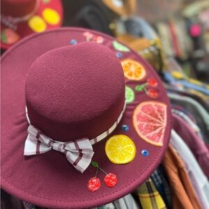 Embroidered Burgundy Hat with Fruit Accents